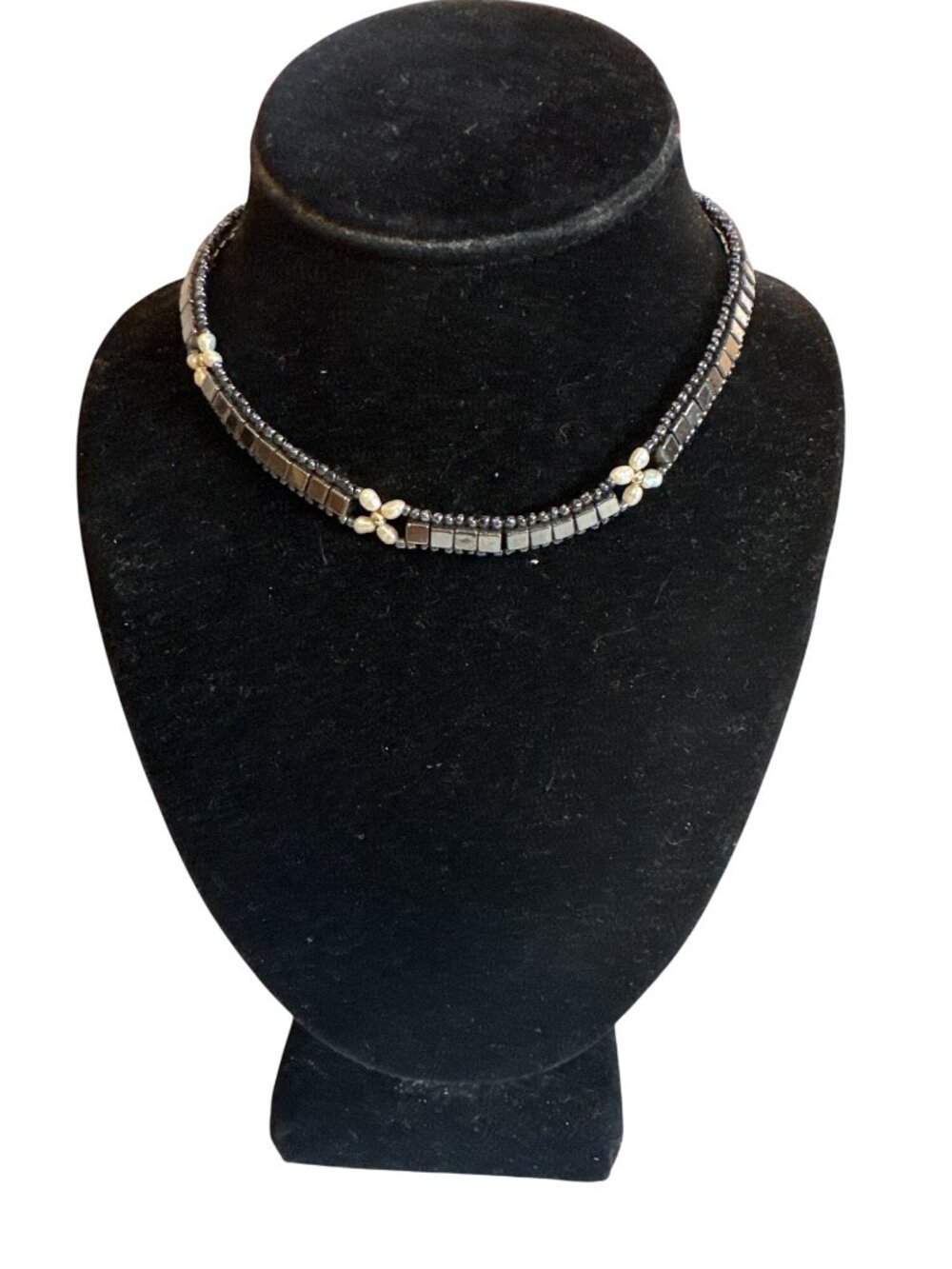 Black Beaded Hematite Necklace Faux Pearl Accents Barrel Clasp Choker Goth